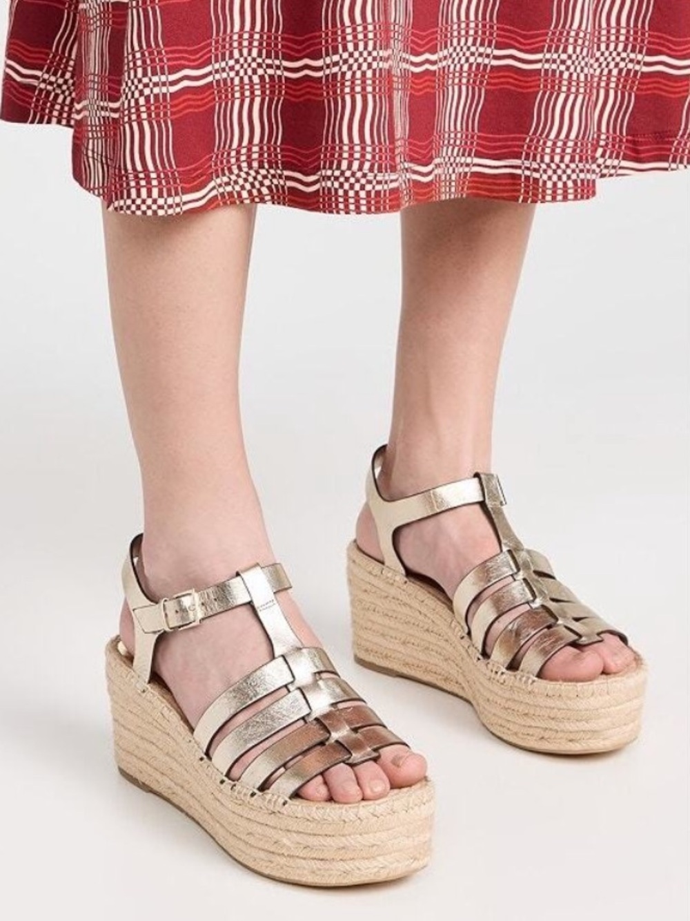 TORY BURCH Gold Metallic Leather platform espadrille  wedge Fisherman Sandals
